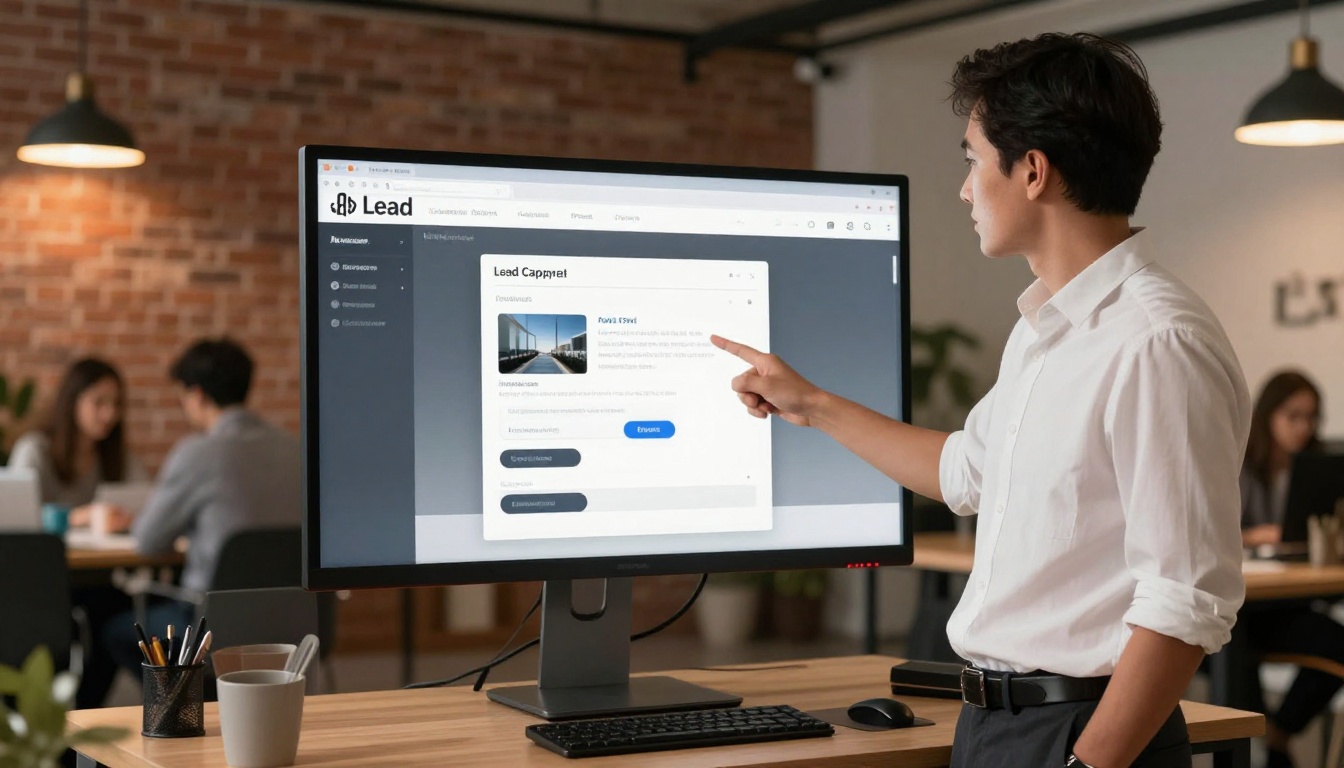 Marketing professional pointing at a lead capture form embedded in a digital flipbook on a monitor