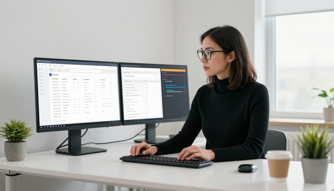 Product manager reviewing FAQ flipbook analytics on dual monitors