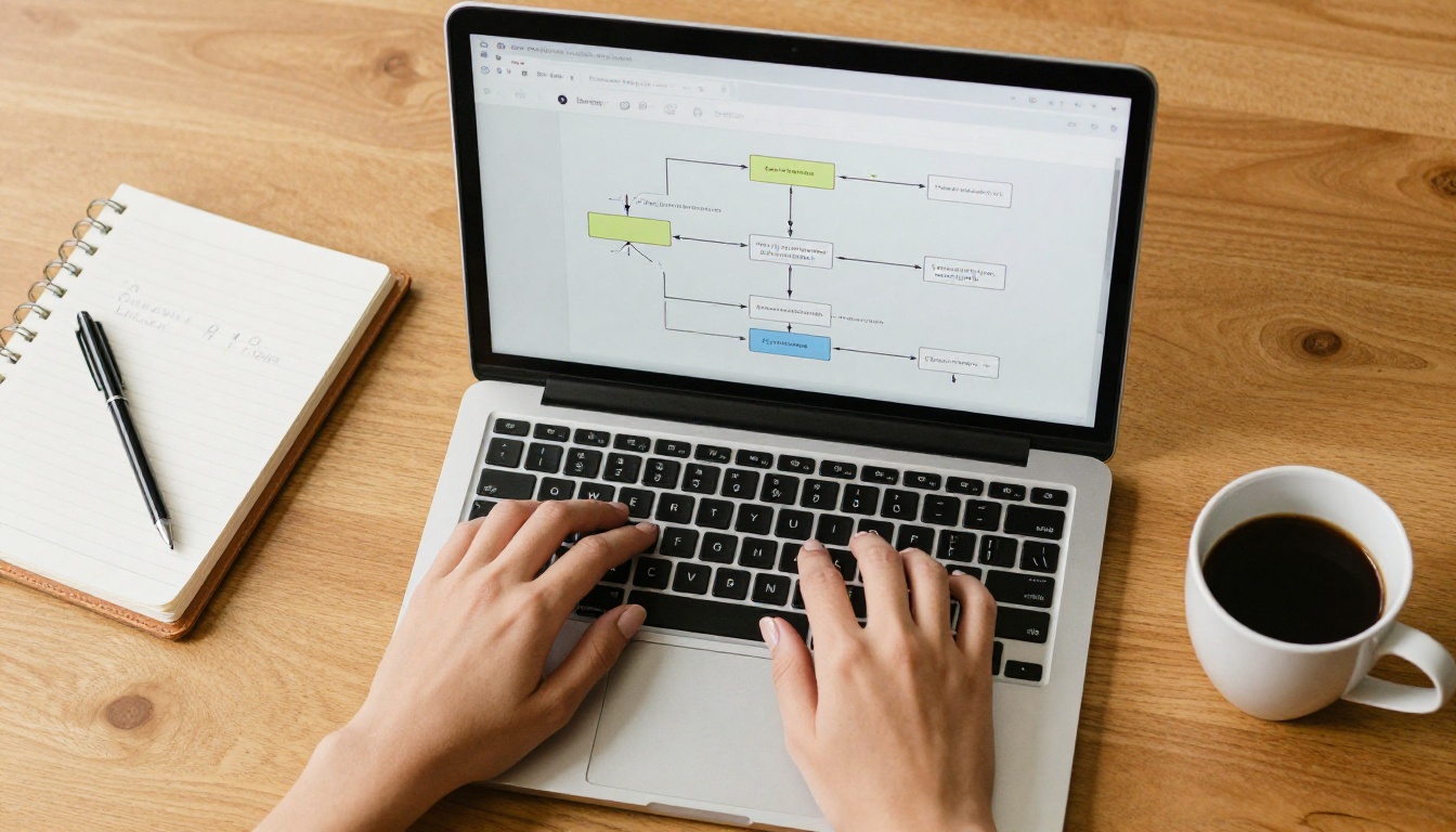 Overhead view of a woman's hands typing on a laptop showing an email automation workflow diagram