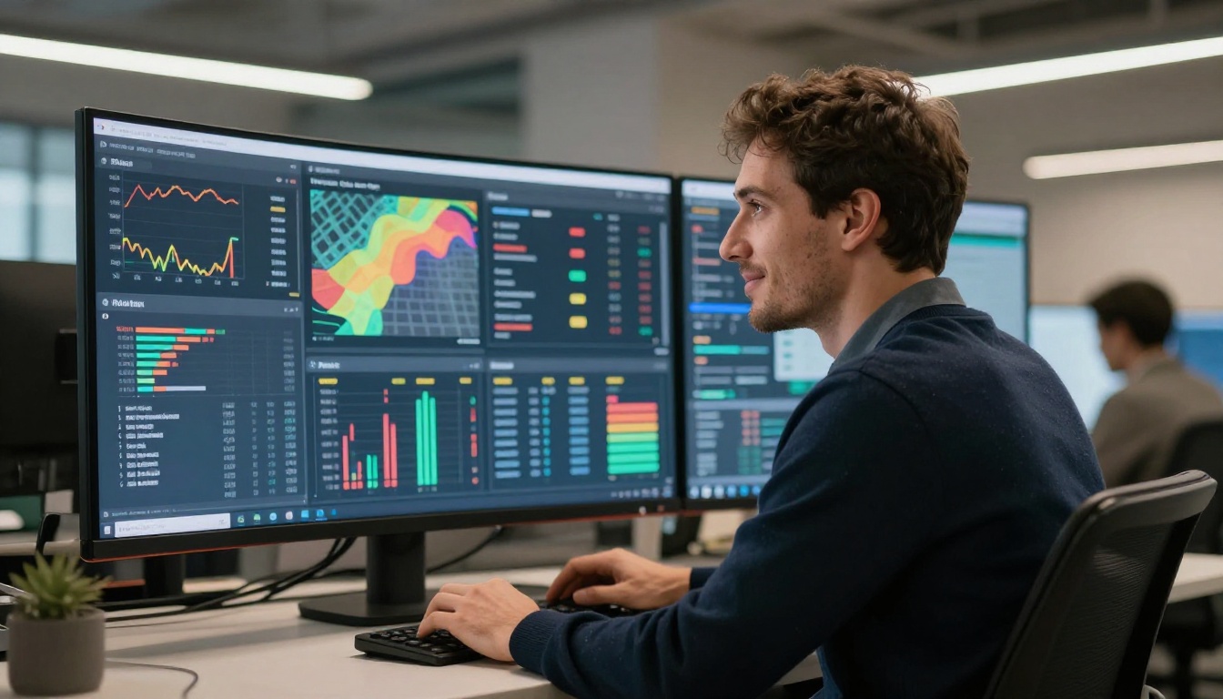 Marketing analyst leaning forward at a curved ultrawide monitor showing data analytics charts and engagement metrics