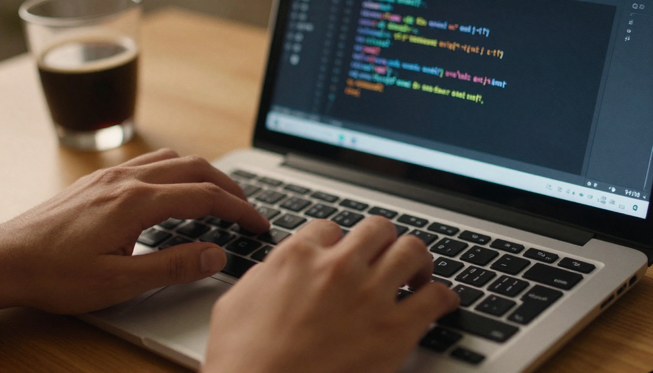 Developer's hands typing on a mechanical keyboard with HTML embed code visible on the laptop screen