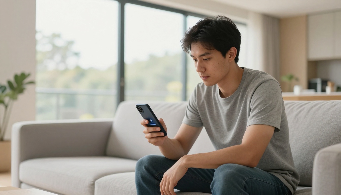 Man hovering finger over a CTA button on a smartphone displaying a digital flipbook