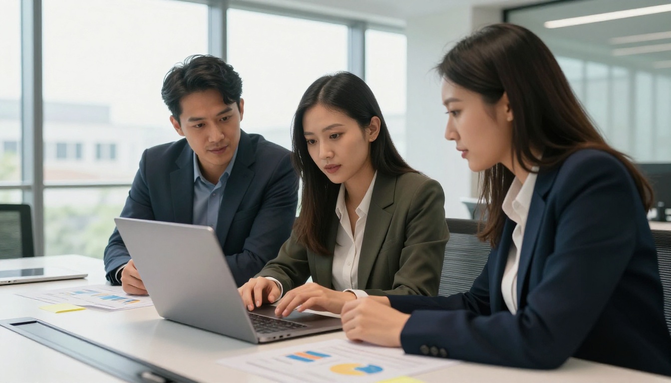 Small marketing team gathered around a laptop reviewing a flipbook integration setup in a bright conference room