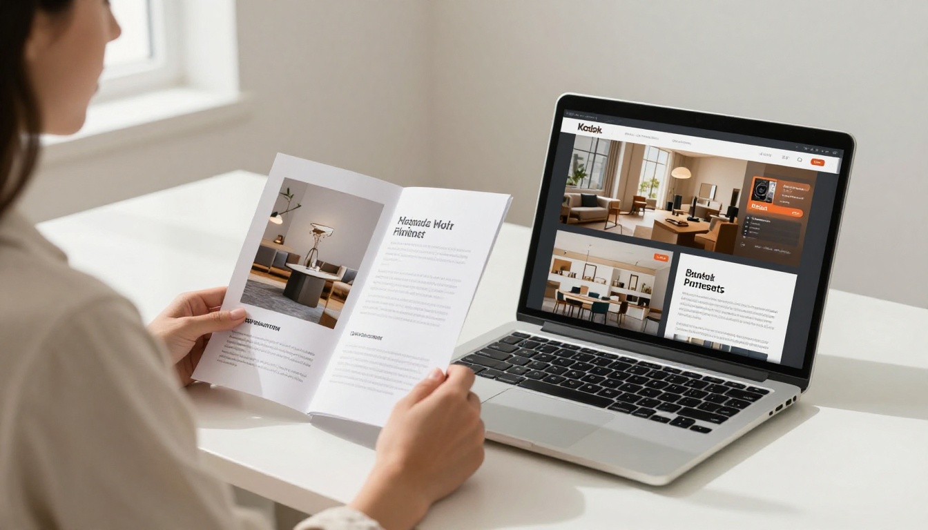 Woman comparing a printed brochure with its digital flipbook version on a laptop at a white desk