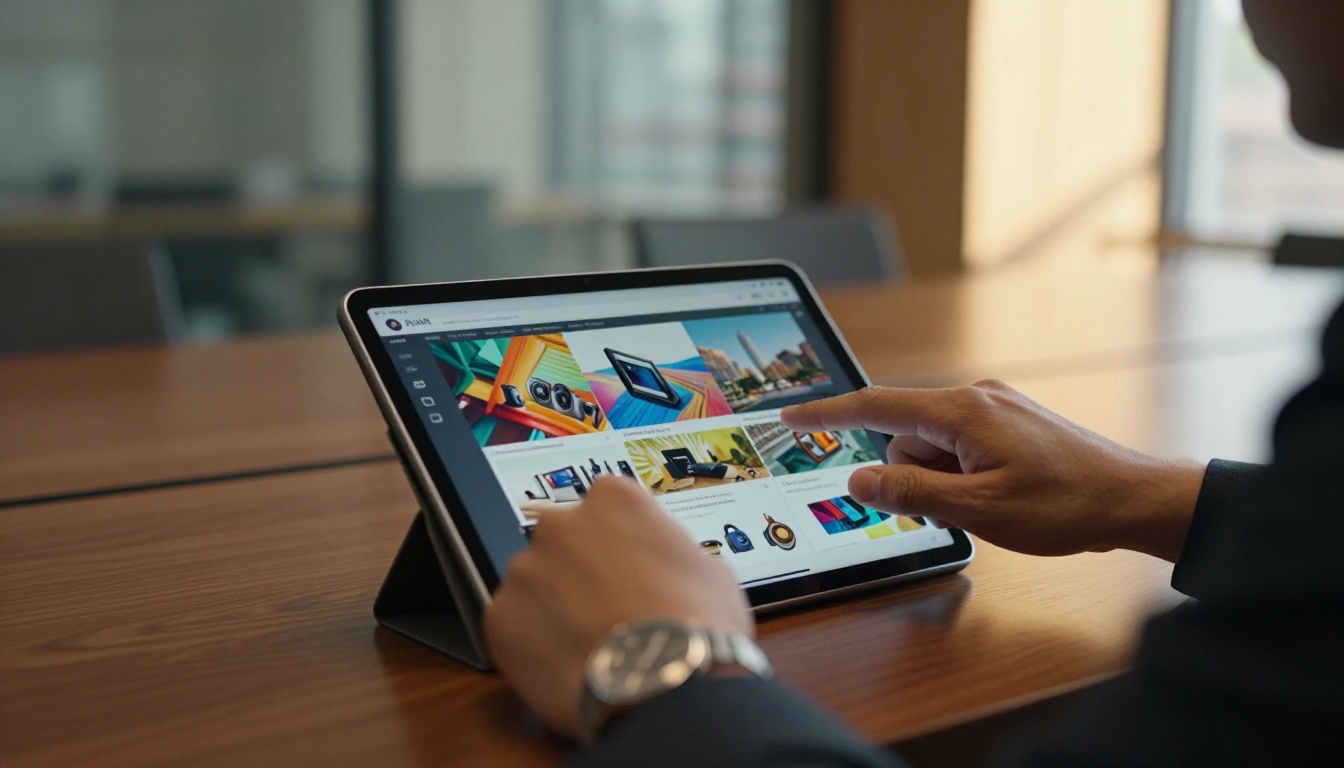 Hands swiping through interactive digital document on tablet at conference table