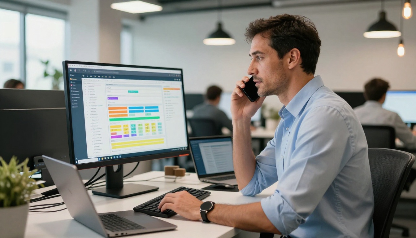 Sales professional on phone at standing desk with CRM pipeline visible on screen