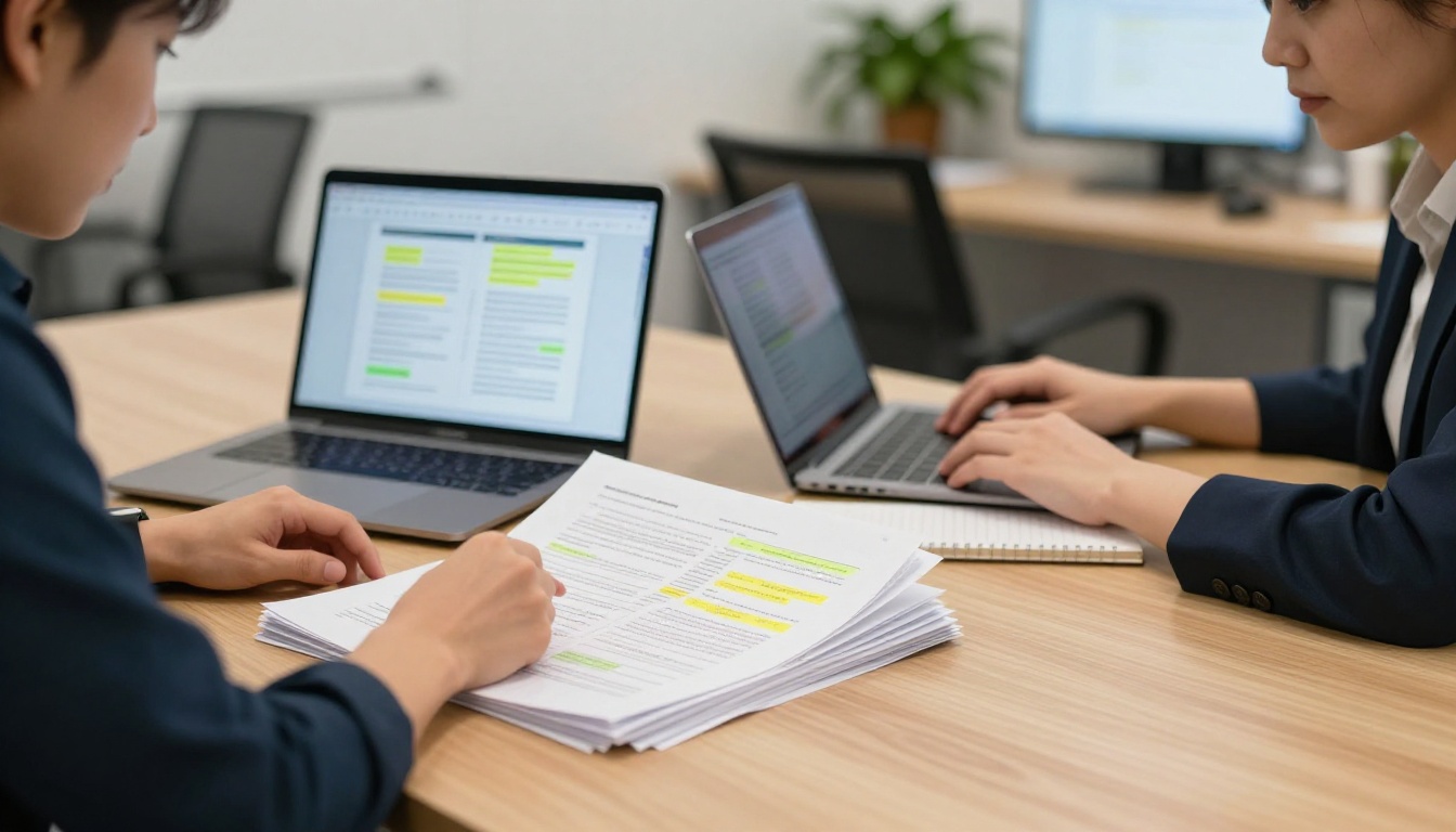 Two colleagues comparing printed documents with digital interactive publications at desk