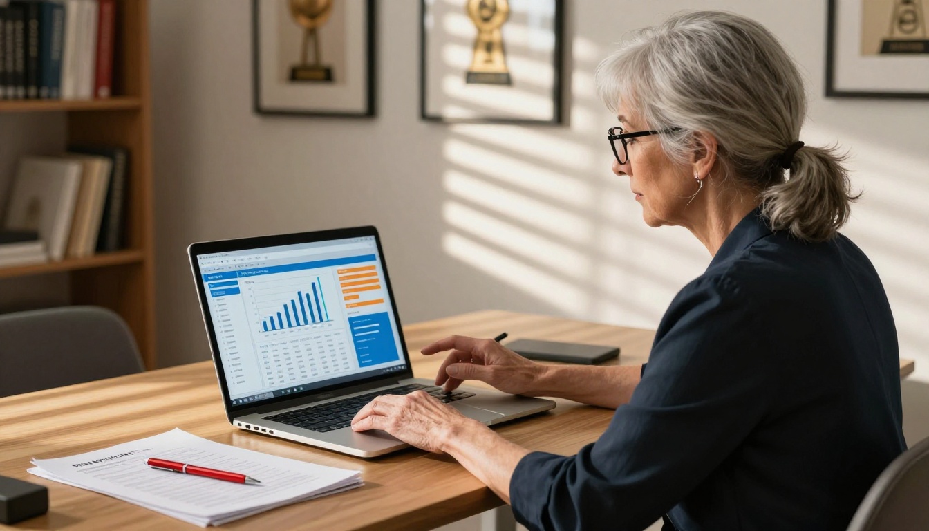 Sales professional reviewing CRM analytics on laptop with document interaction metrics