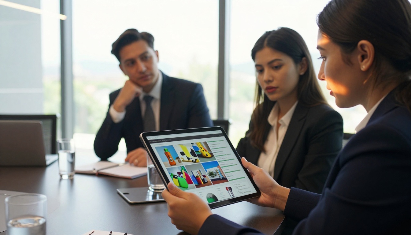 Sales manager presenting interactive flipbook to clients in glass-walled meeting room