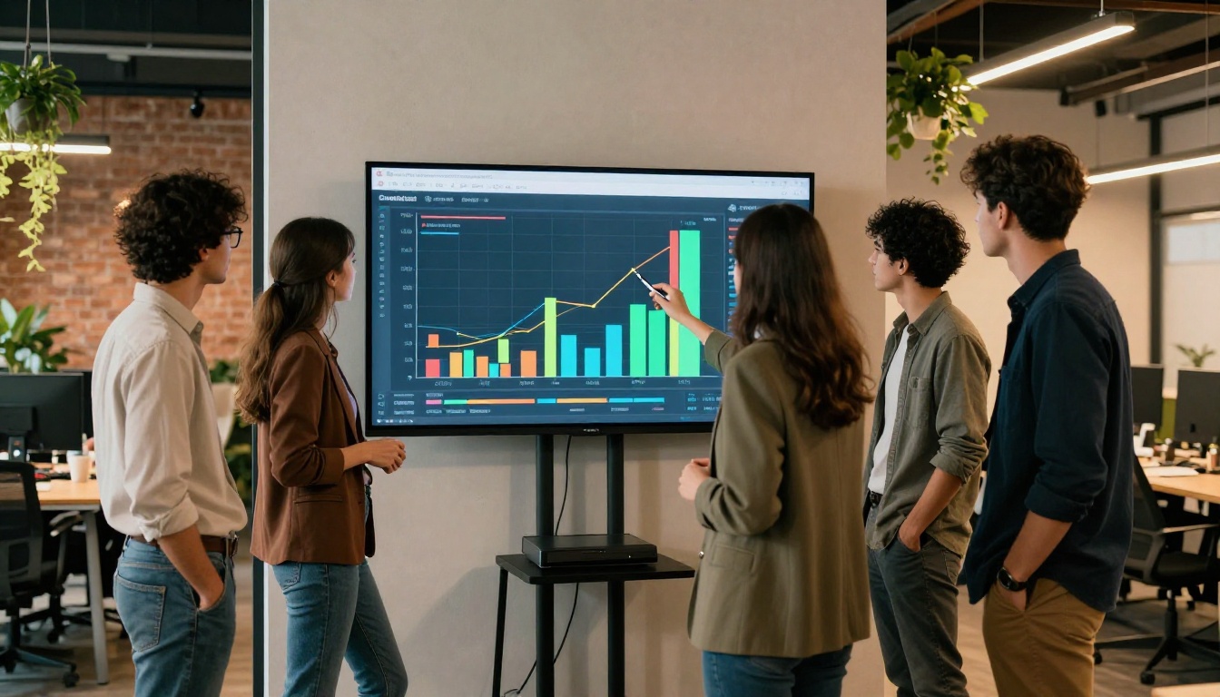 Sales team gathered around large monitor discussing document activity data and conversion metrics