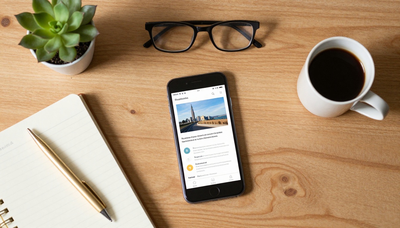 Aerial flat lay of desk with smartphone showing digital brochure beside notebook glasses and coffee