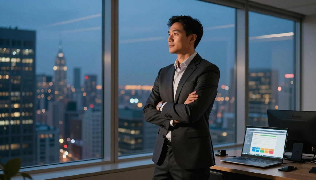 Sales director standing confidently at floor-to-ceiling office windows overlooking city skyline at dusk