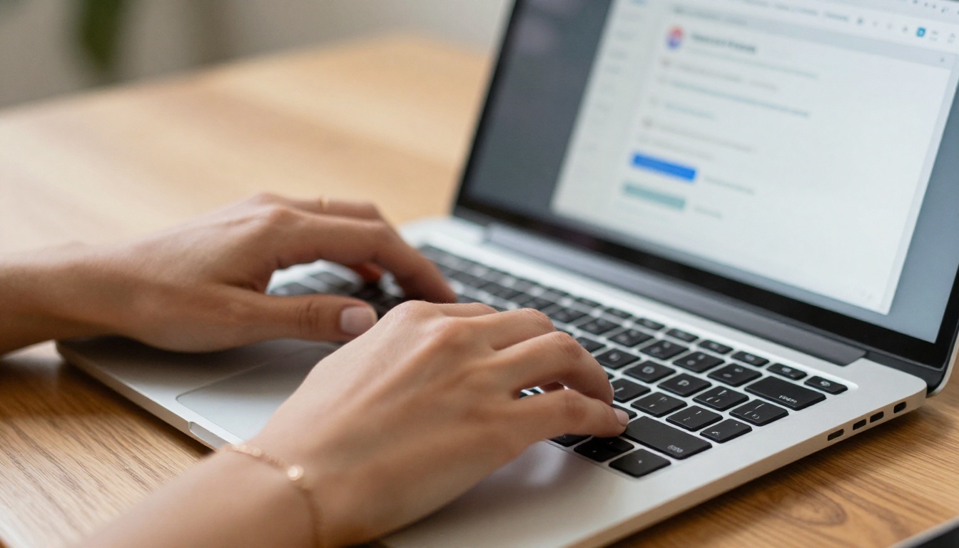 Close-up of hands setting up a Mailchimp campaign on a laptop
