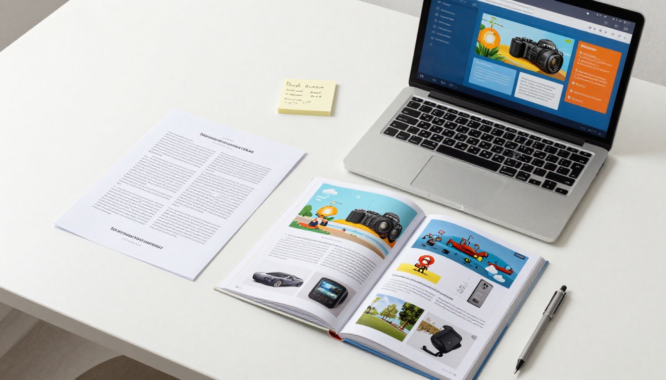 Flat-lay aerial shot of PDF document next to laptop displaying a digital flipbook