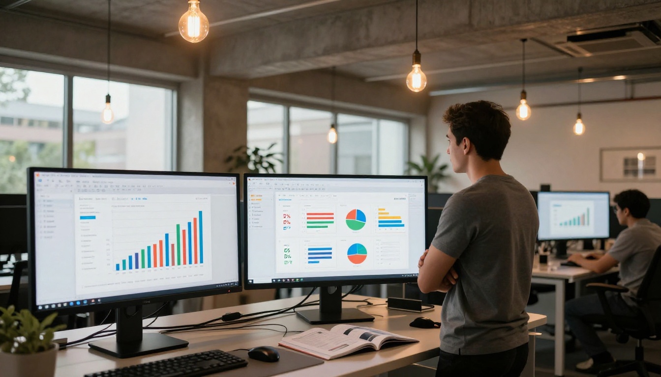 Email marketing professional reviewing campaign performance on multi-screen setup