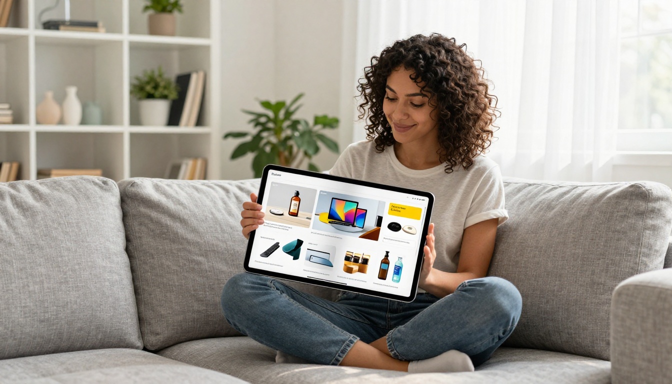 Woman reviewing interactive flipbook on iPad in a bright modern living room