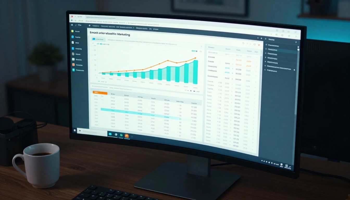 Email marketing analytics dashboard displaying open rates and click metrics on monitor