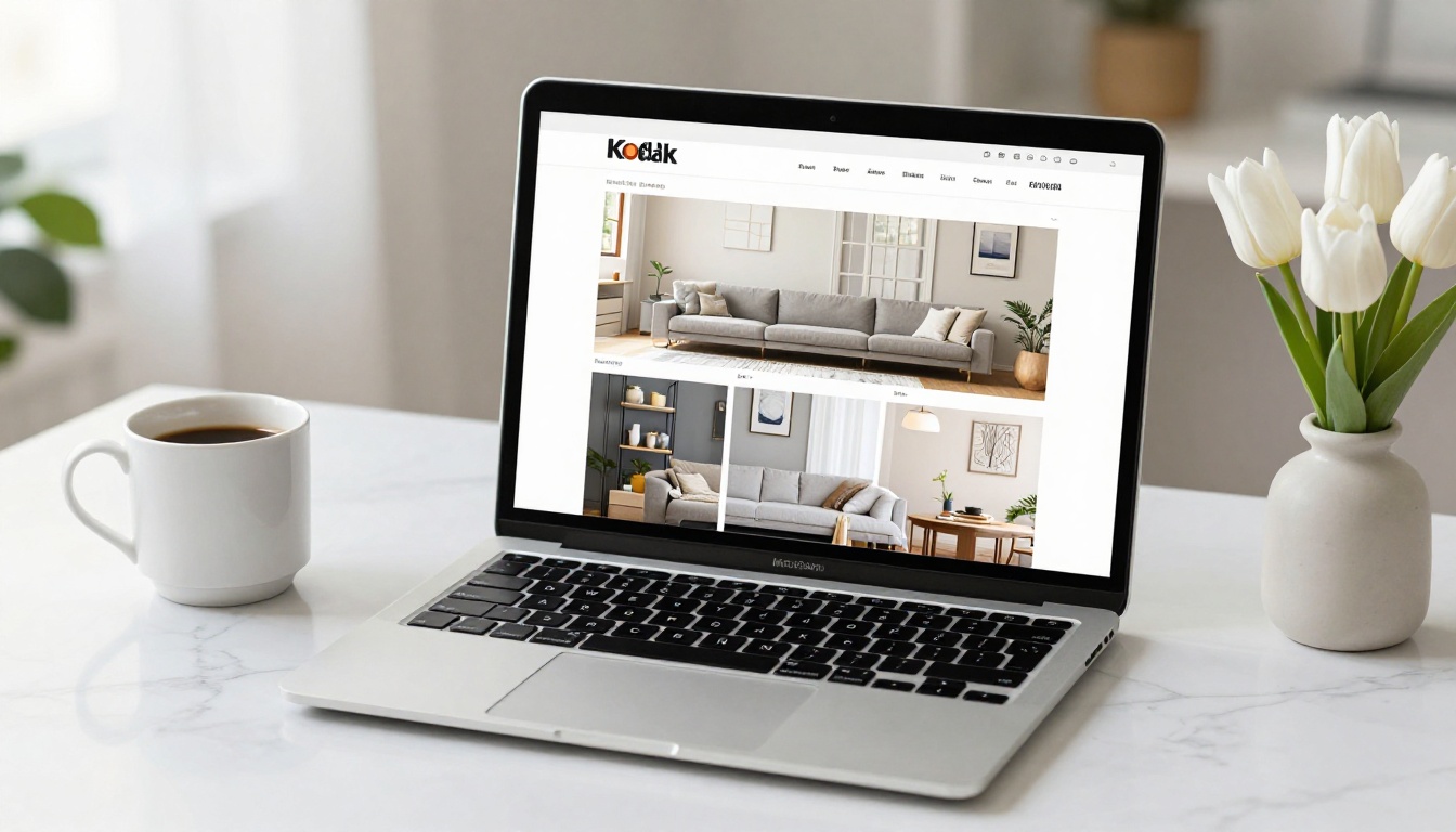 Product catalog flipbook displayed on a laptop on a white marble desk with coffee and tulips