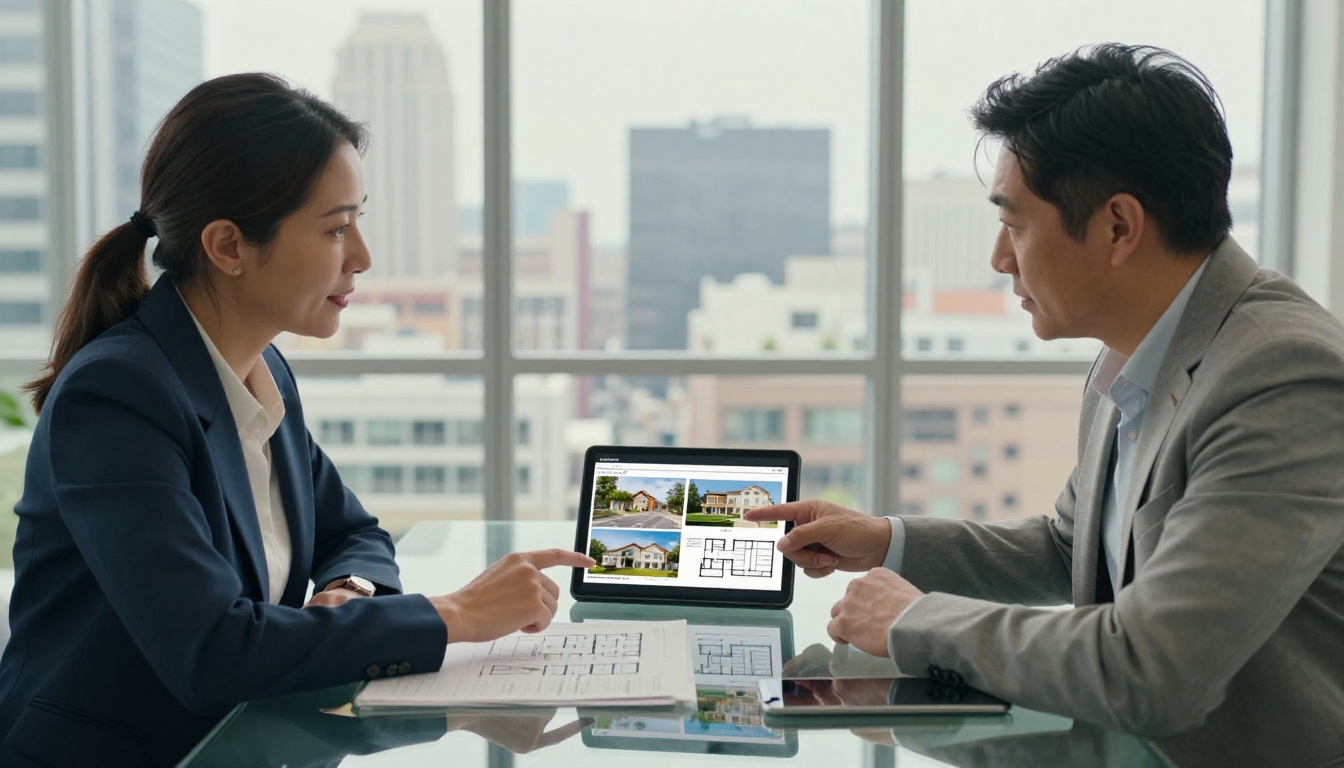 Real estate professionals reviewing an interactive brochure flipbook on a tablet in a modern office