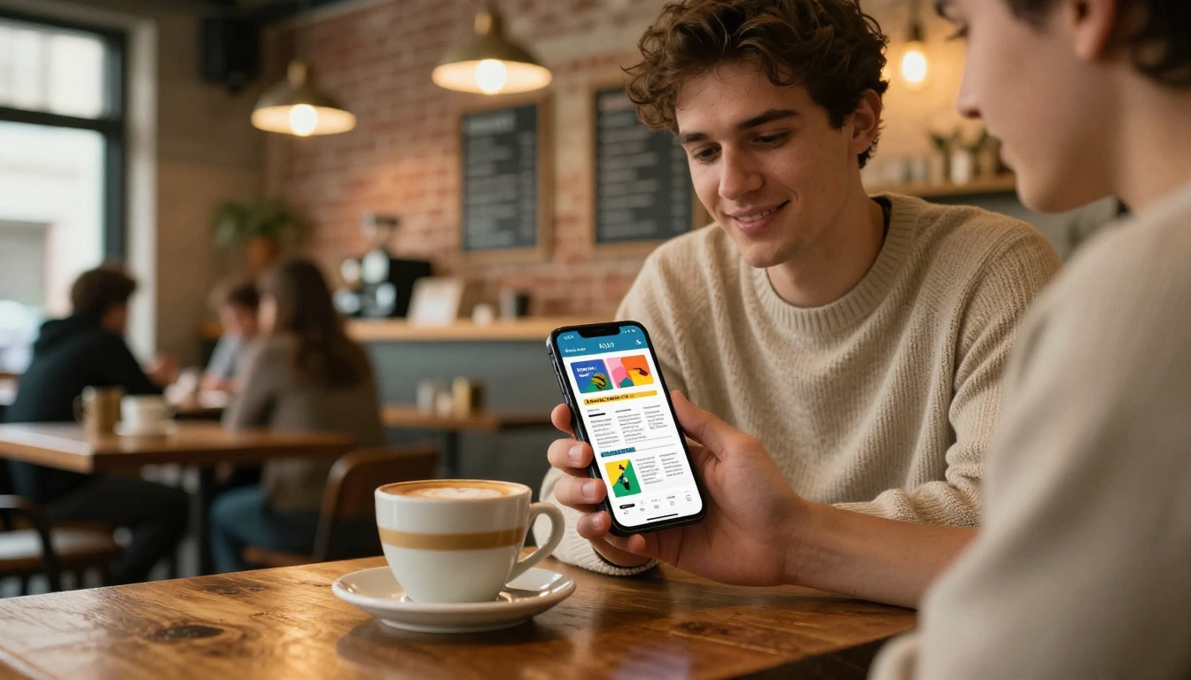 Young man reading a newsletter flipbook on smartphone in a warm coffee shop