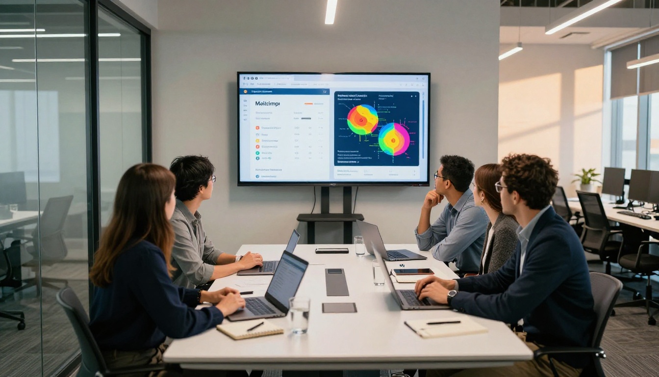 Marketing team reviewing flipbook analytics and Mailchimp campaign stats in a meeting room