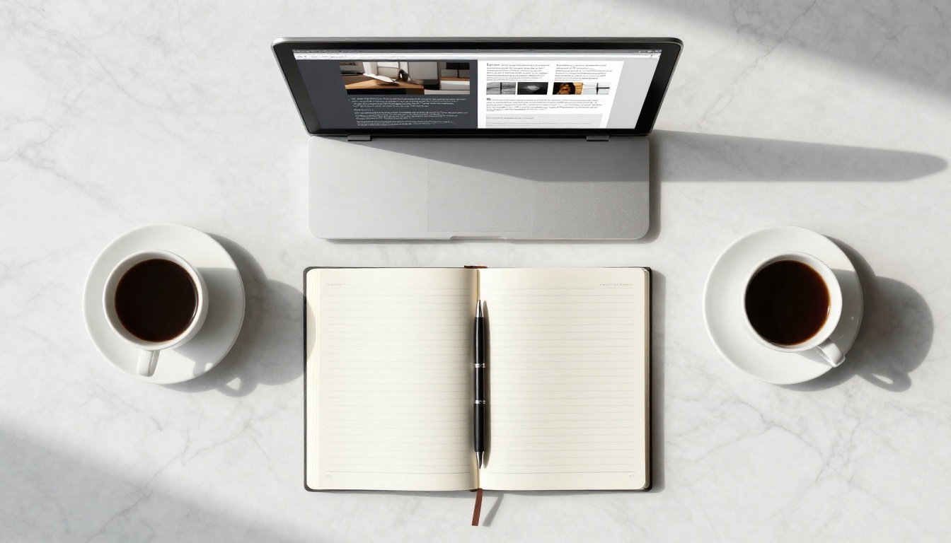 Overhead flat-lay of a minimalist workspace with laptop showing a digital publication on white marble surface, natural daylight