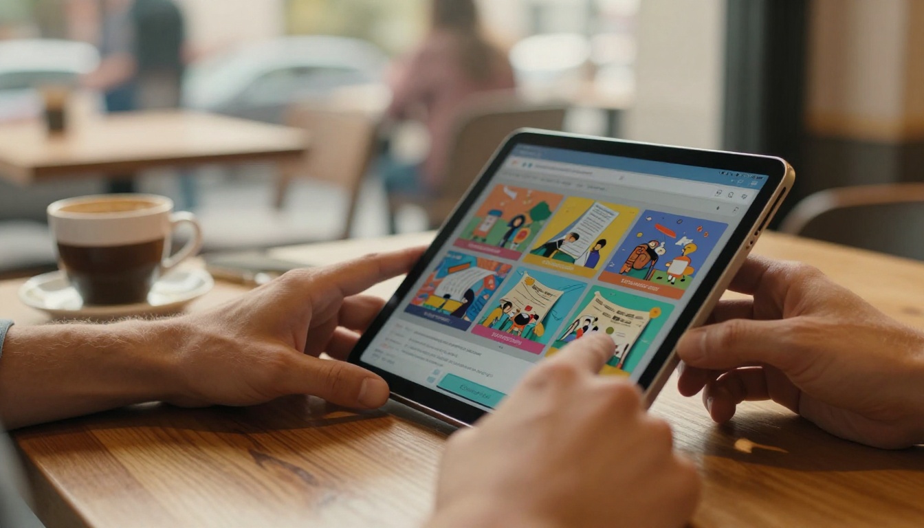 Low-angle shot of hands holding a tablet with a colorful flipbook page-curl animation, warm afternoon cafe light