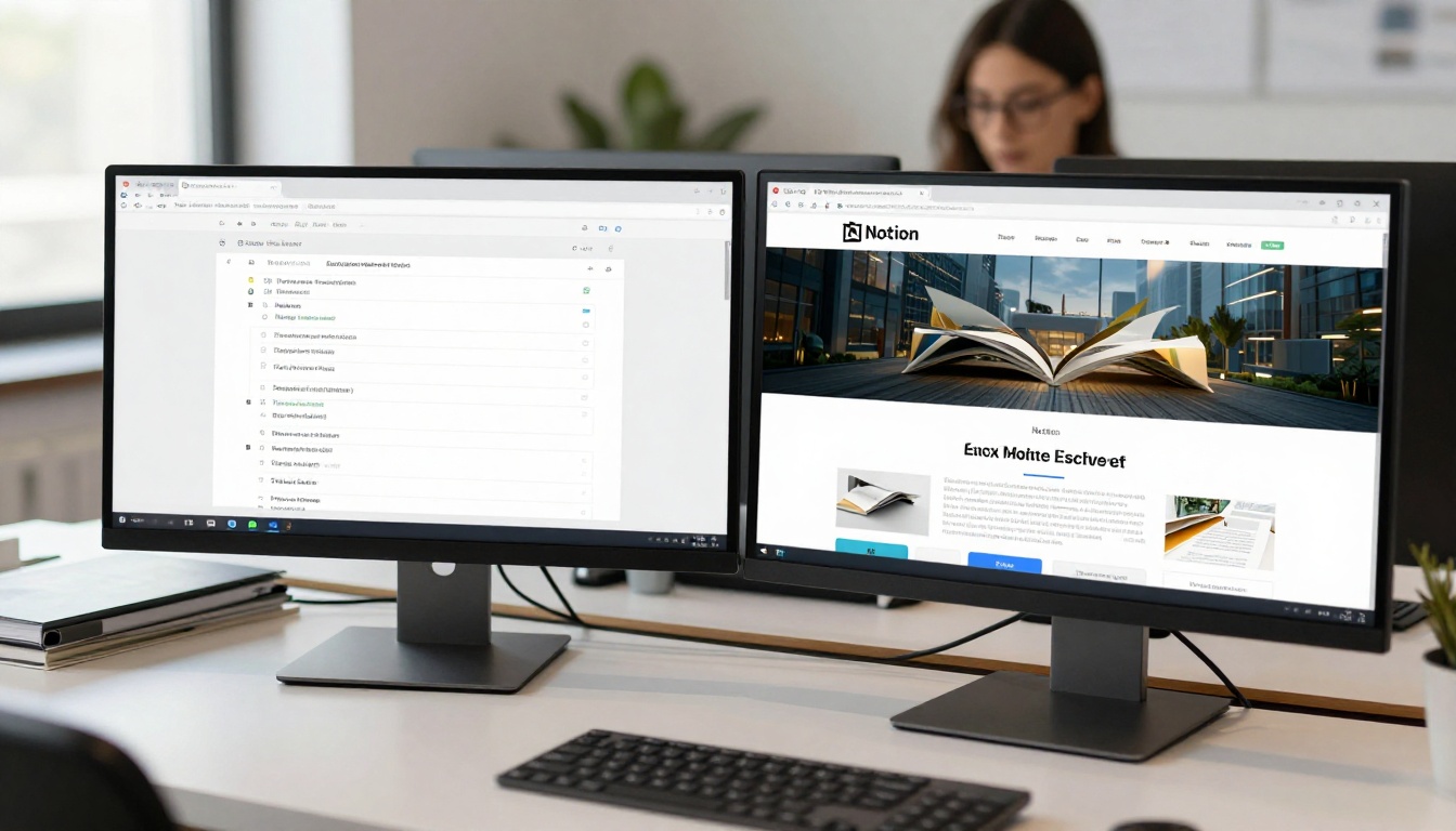 Dual monitor setup showing Notion workspace on one screen and flipbook website on the other, cool natural office light