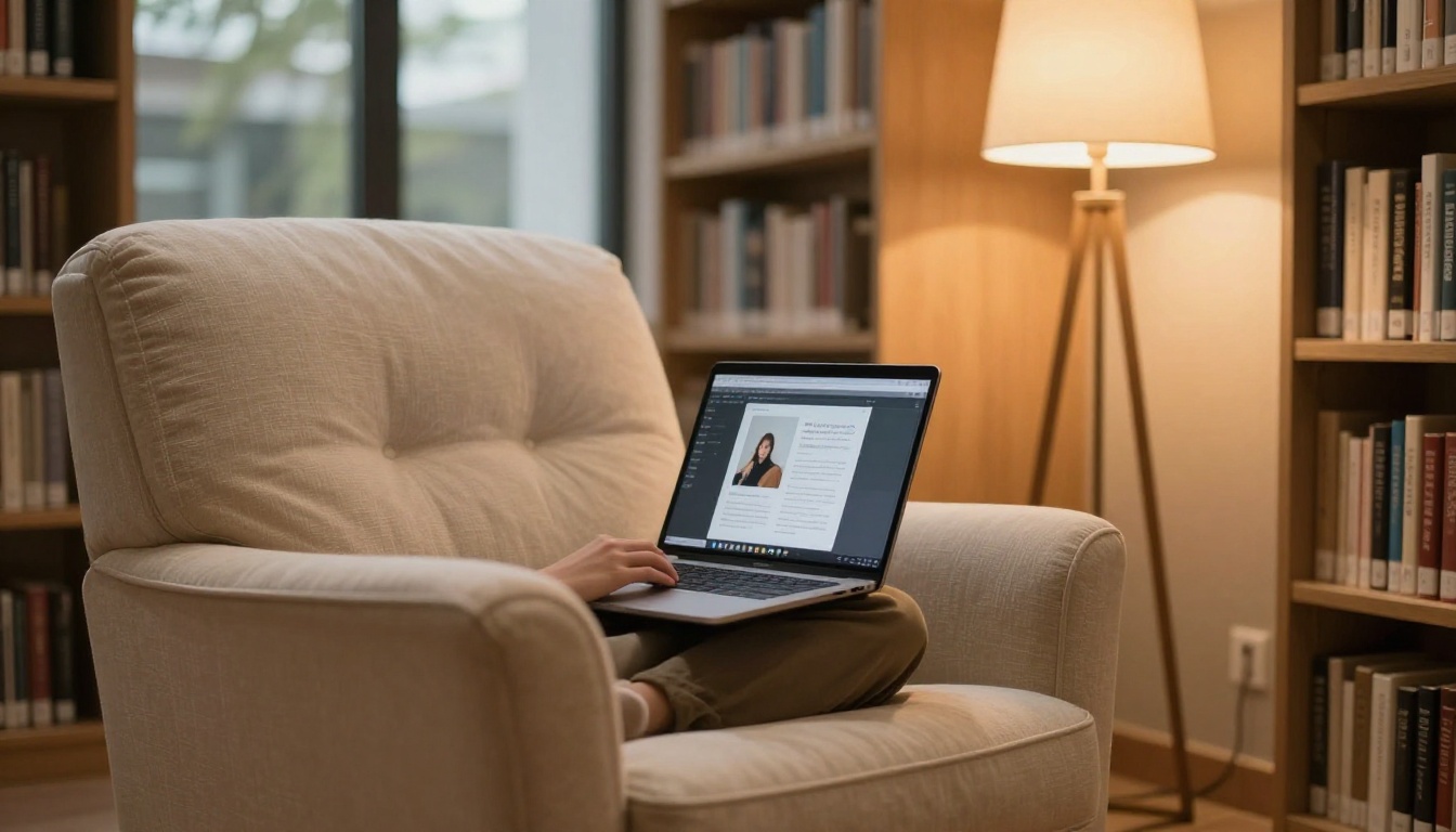 Wide cozy library reading nook with person in armchair using a laptop showing a digital publication, warm floor lamp light