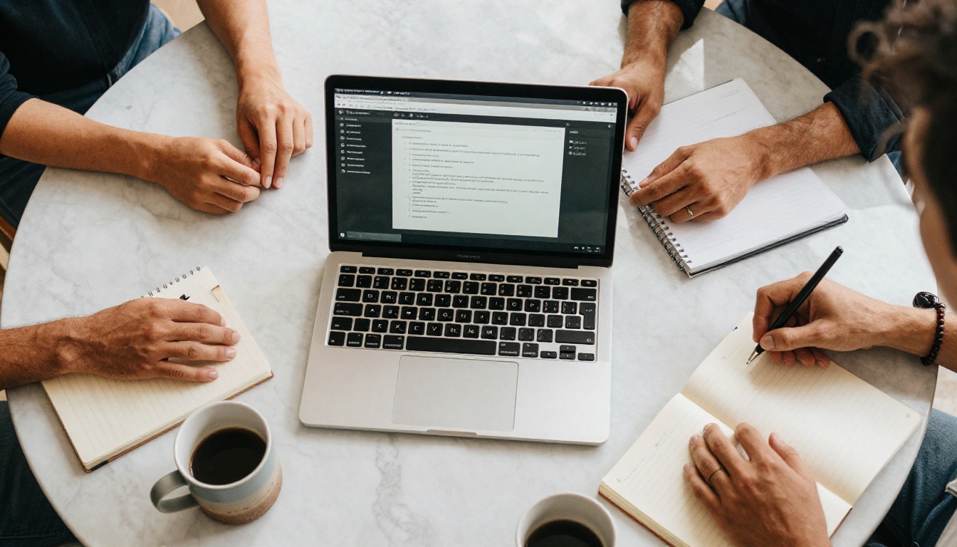 Two people collaborating over a shared laptop on a white marble desk, overhead view, bright daylight, coffee cups and notebooks