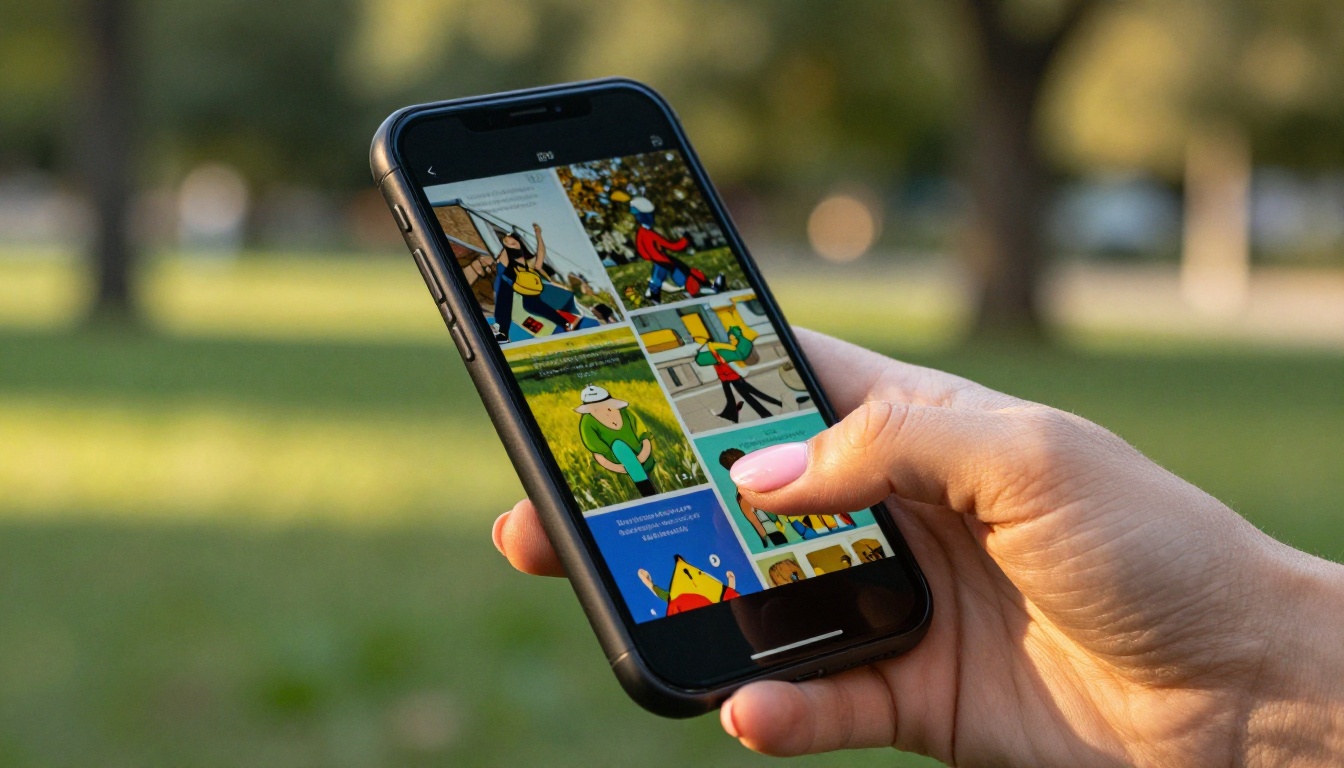 Young woman holding a smartphone with a mobile flipbook viewer outdoors in a sunlit park, natural afternoon light, bokeh green background