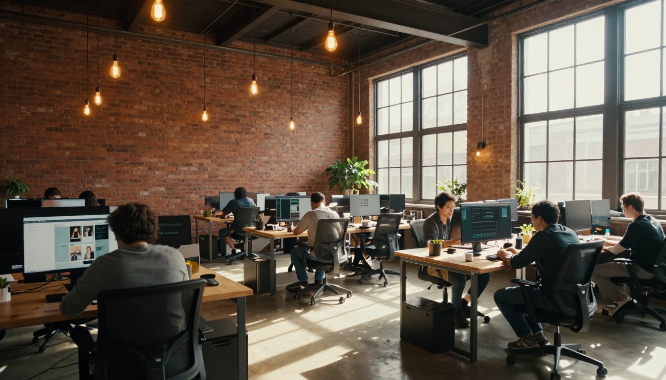 Modern creative agency workspace with multiple team members at desks, exposed brick wall, Edison pendant lights, afternoon sunlight shafts from tall windows