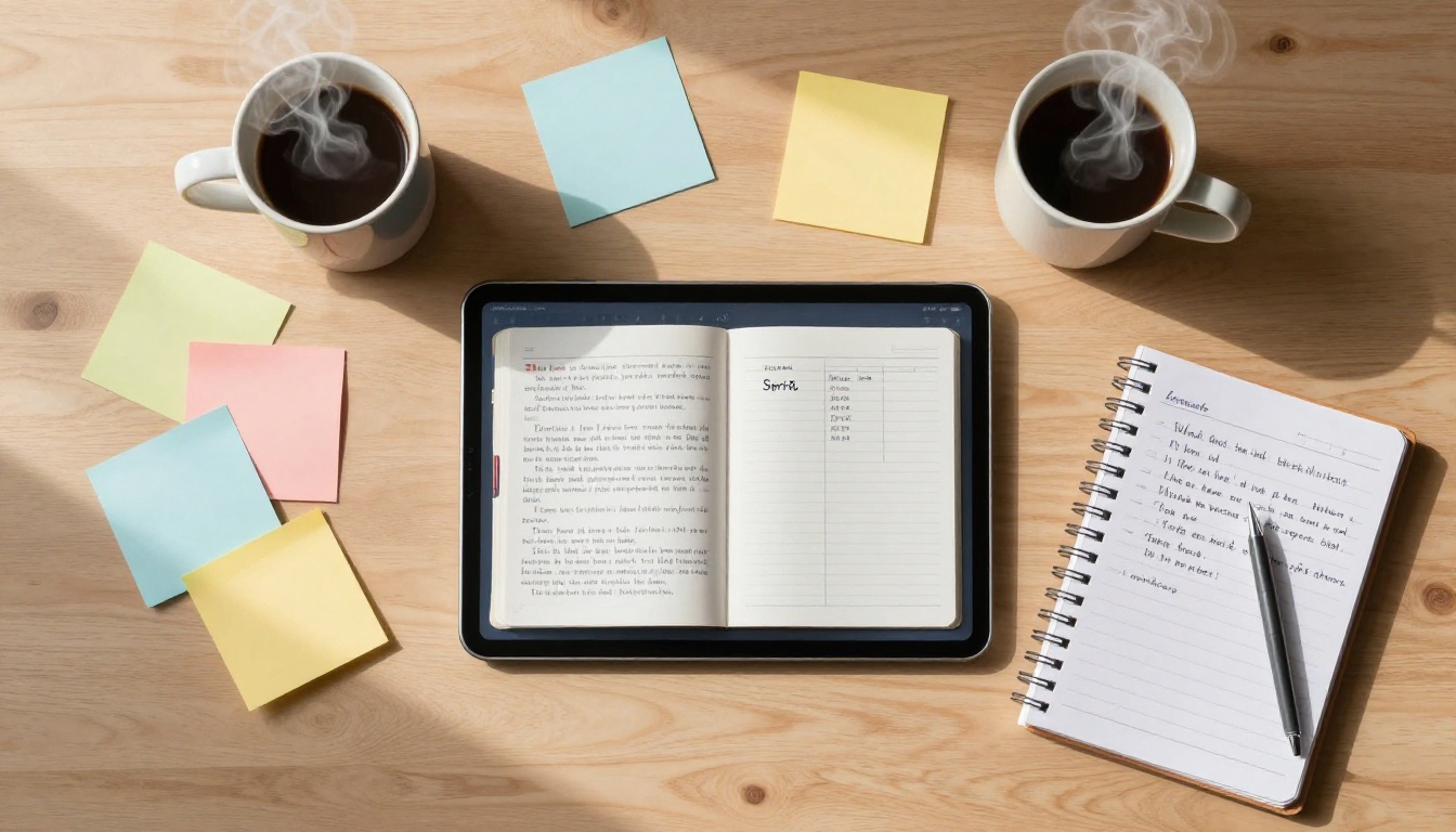 Aerial flat-lay of desk with tablet displaying flipbook, colorful sticky notes, coffee mug, and handwritten sprint notebook