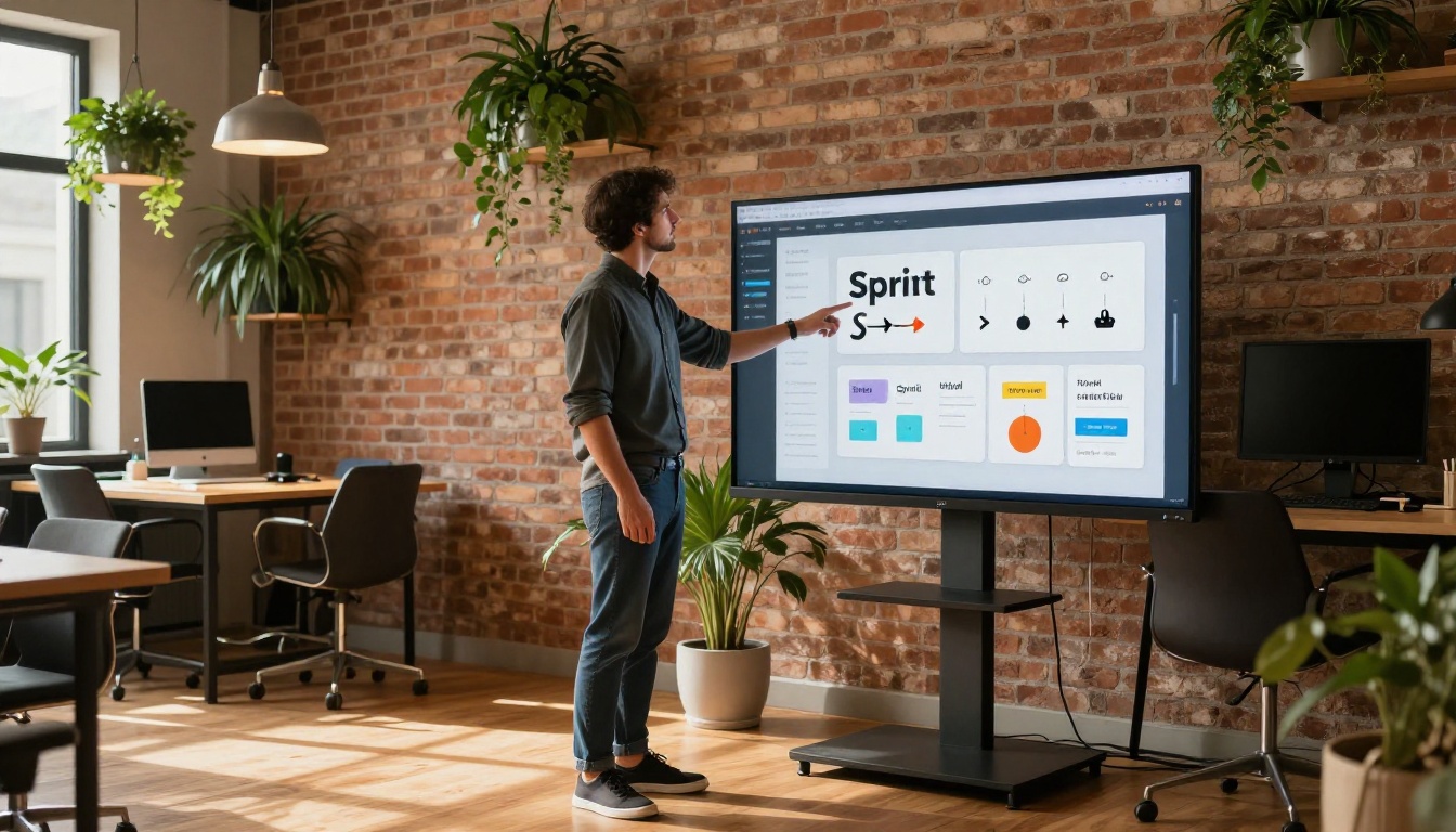 Project manager at standing desk pointing at sprint summary flipbook on monitor, warm co-working space with exposed brick walls and plants