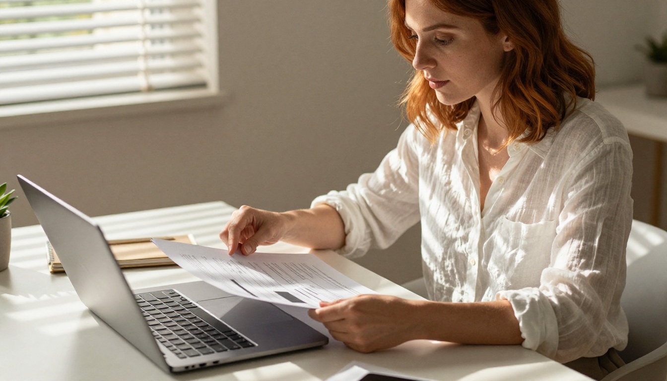 Woman with auburn hair reviewing project recap document at minimalist desk, warm venetian blind shadow stripes across her arms and workspace