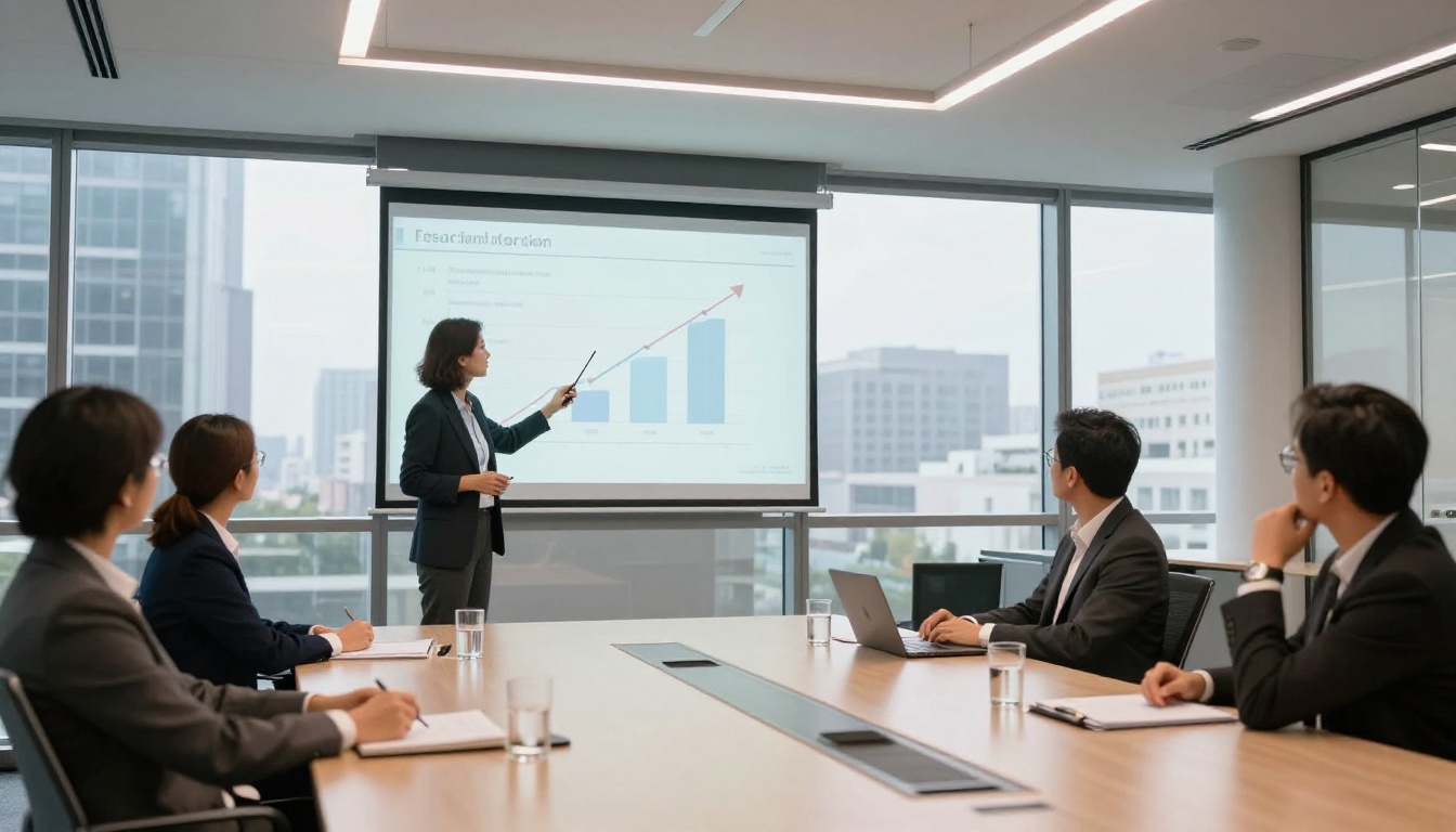 Wide shot of client presentation in bright modern conference room, interactive flipbook on large wall-mounted screen, professionals seated attentively with notebooks Wide shot of client presentation in bright modern conference room, interactive flipbook on large wall-mounted screen, professionals seated attentively with notebooks