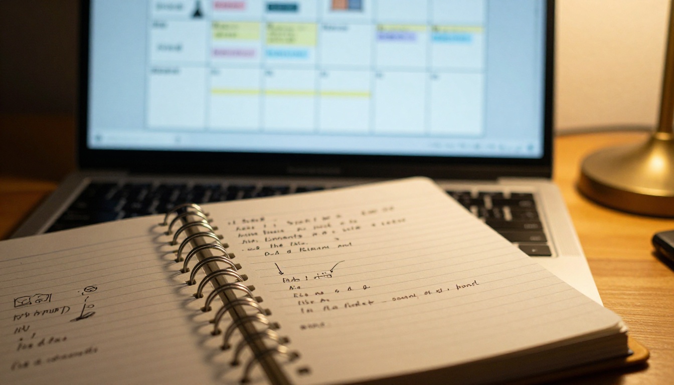 Spiral notebook with handwritten sprint retrospective notes beside laptop keyboard, warm brass desk lamp light from the right Spiral notebook with handwritten sprint retrospective notes beside laptop keyboard, warm brass desk lamp light from the right