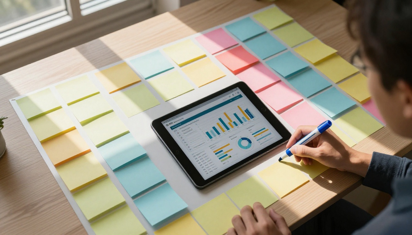 Aerial overhead shot of marketing team desk covered in colorful sticky notes arranged like a kanban board, tablet showing project stats and charts as a flipbook, hands mid-arrangement with marker Aerial overhead shot of marketing team desk covered in colorful sticky notes arranged like a kanban board, tablet showing project stats and charts as a flipbook, hands mid-arrangement with marker