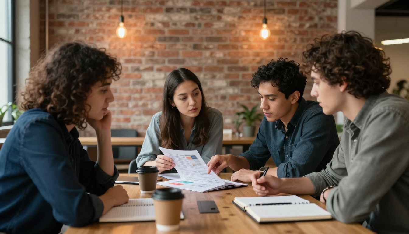 Team reviewing a printed flipbook together in a warm office setting