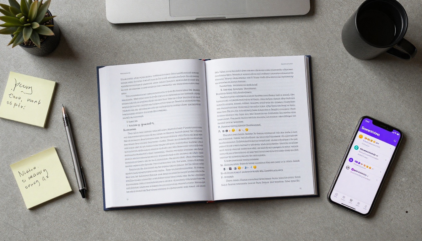 Aerial overhead view of desk with flipbook and smartphone showing Slack notifications