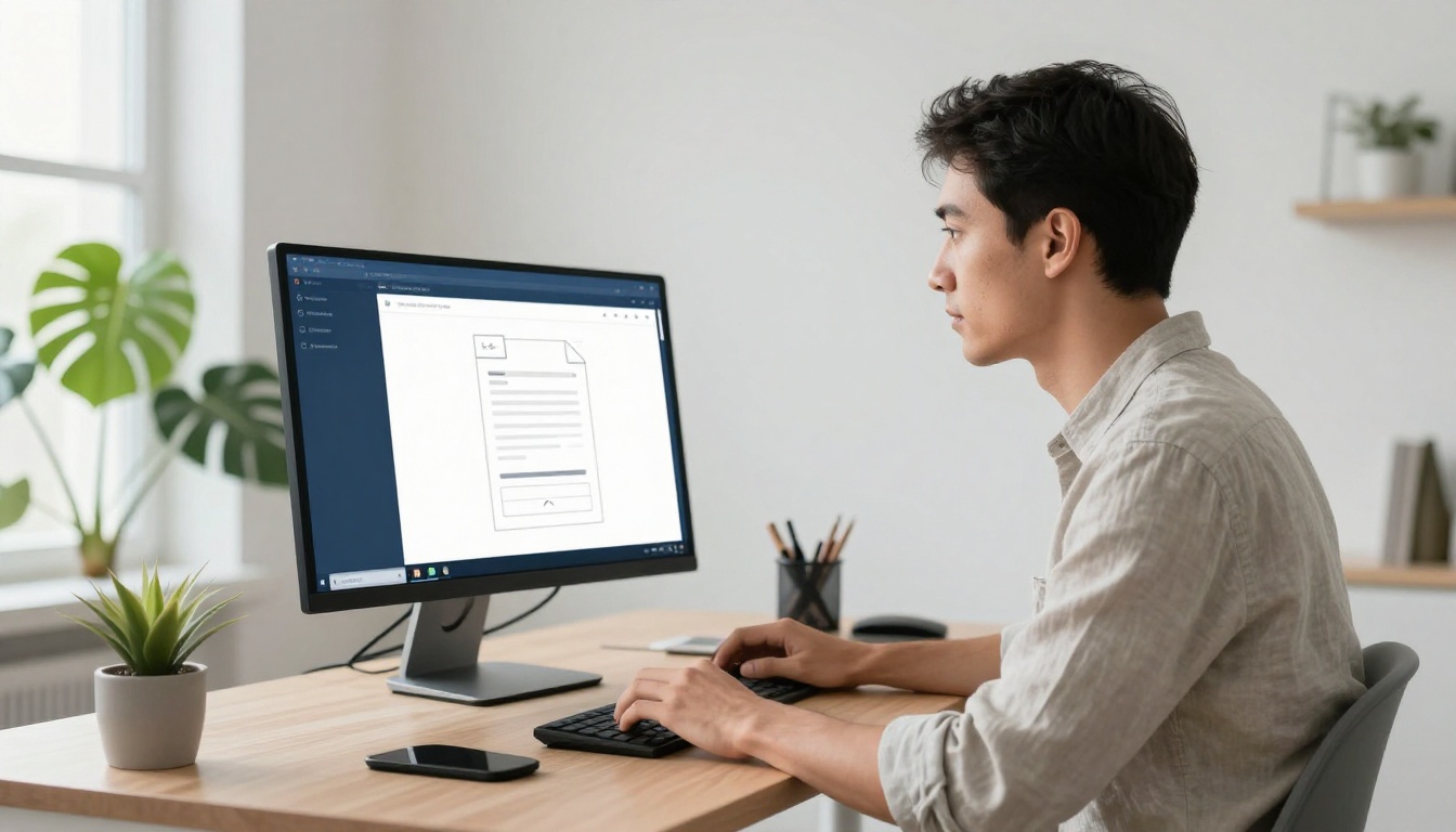 Man uploading a PDF file on his laptop in a bright minimalist home office