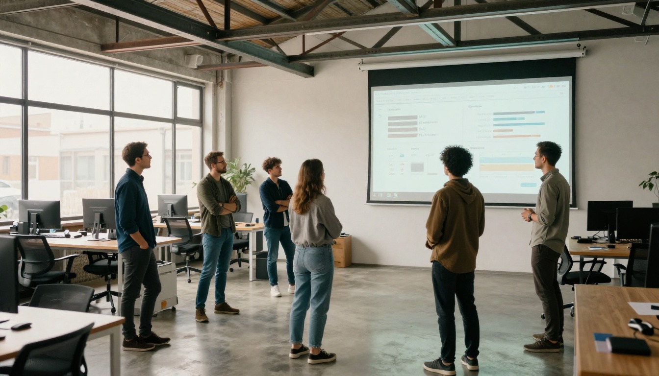 Team standup meeting with a digital flipbook displayed on a large wall screen in a bright open office