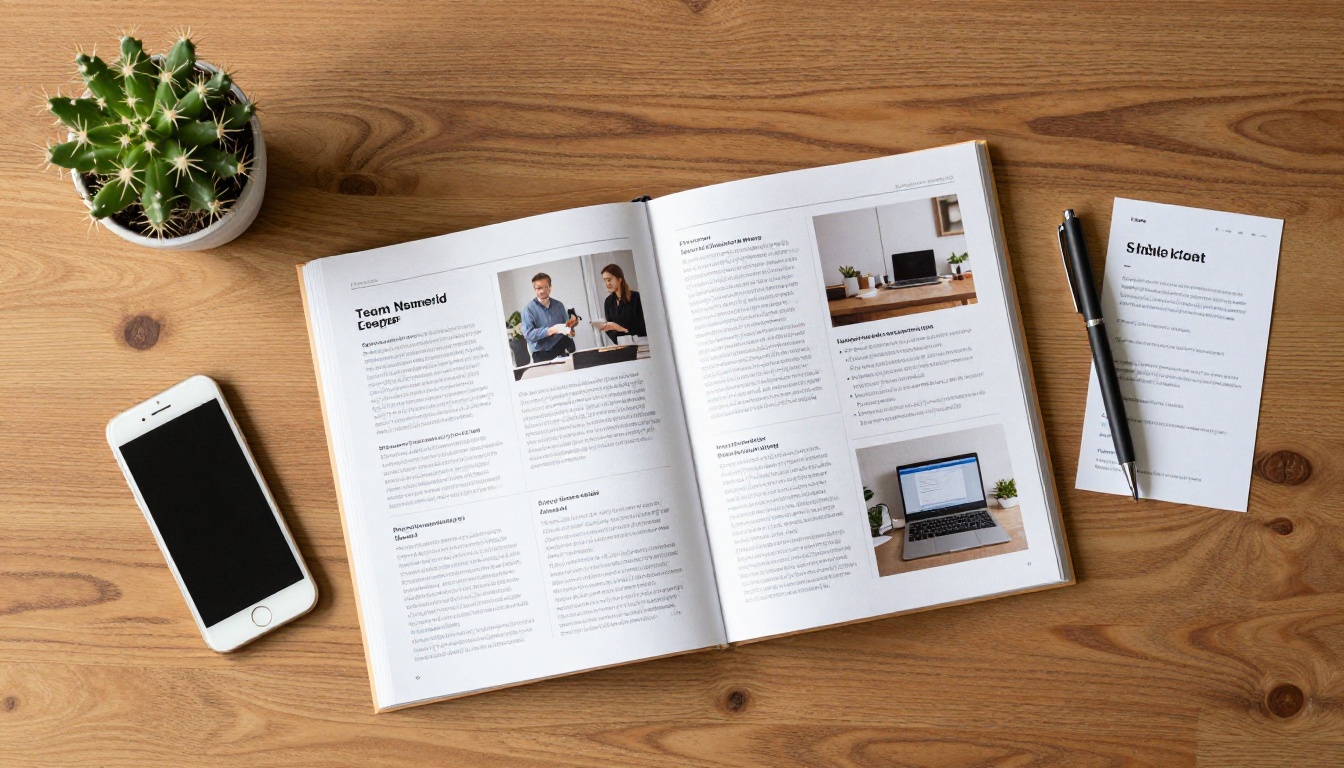 Overhead flat-lay of a printed newsletter flipbook open on a walnut desk surrounded by workspace items