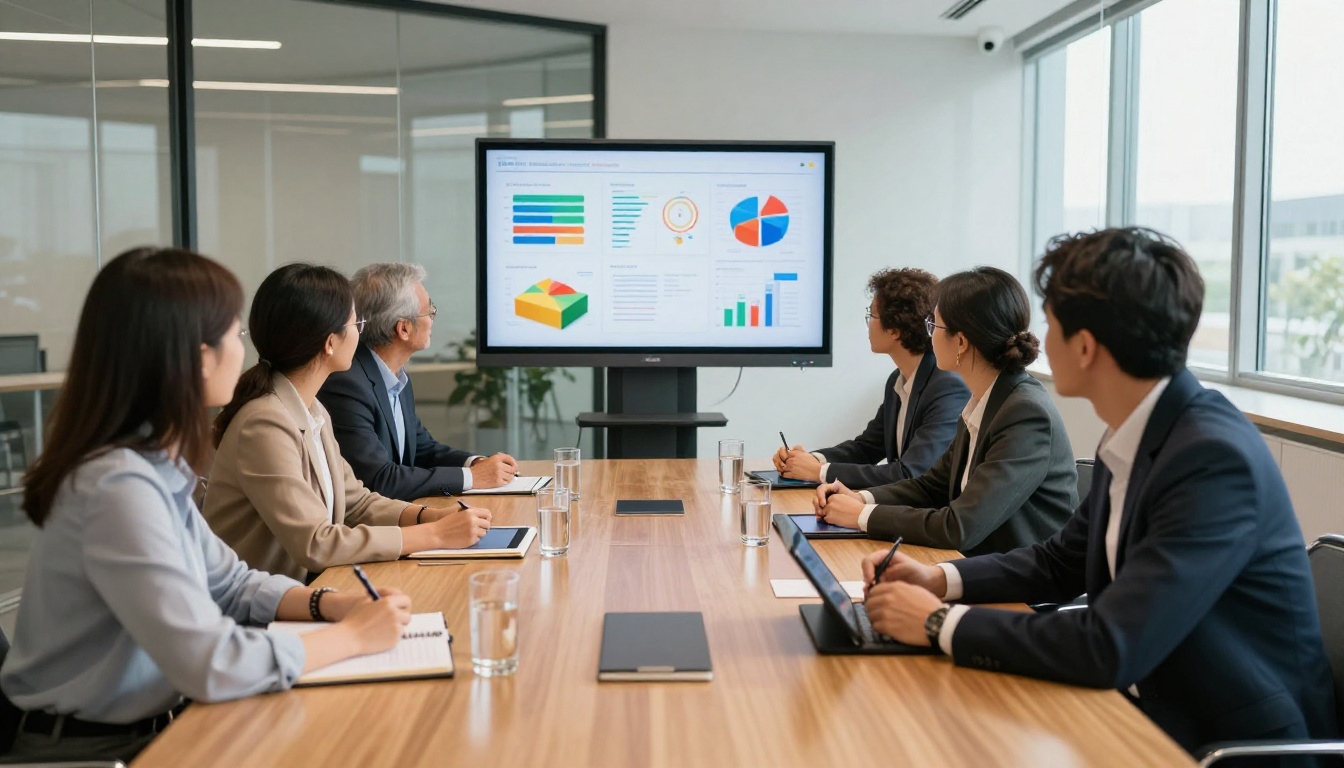 Diverse team in a modern conference room looking at a shared presentation screen