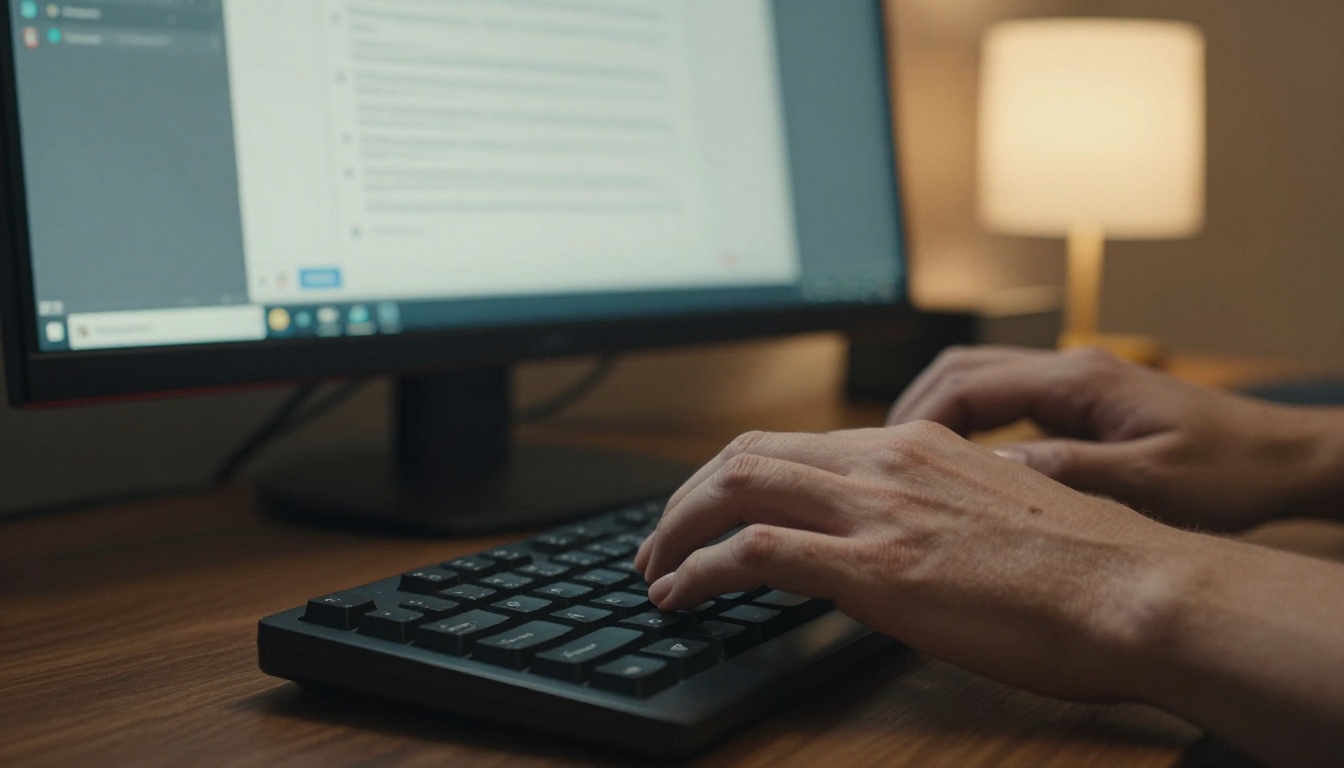 Hands typing on a keyboard with Teams chat interface visible in background