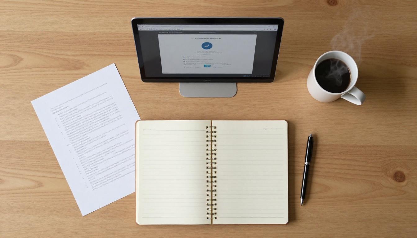 Aerial flat-lay desk shot with laptop showing PDF upload screen and coffee mug