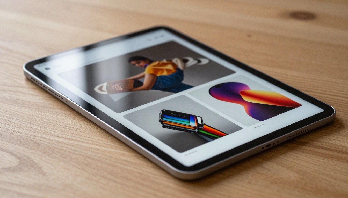 iPad displaying a colorful digital product catalog flipbook on a wooden table