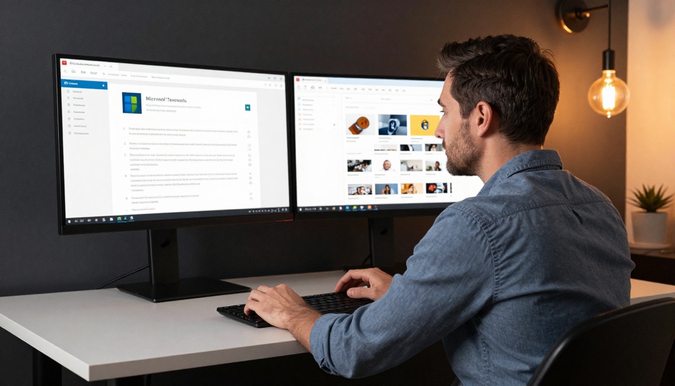 Professional man at a standing desk with dual monitors showing Teams and a flipbook dashboard
