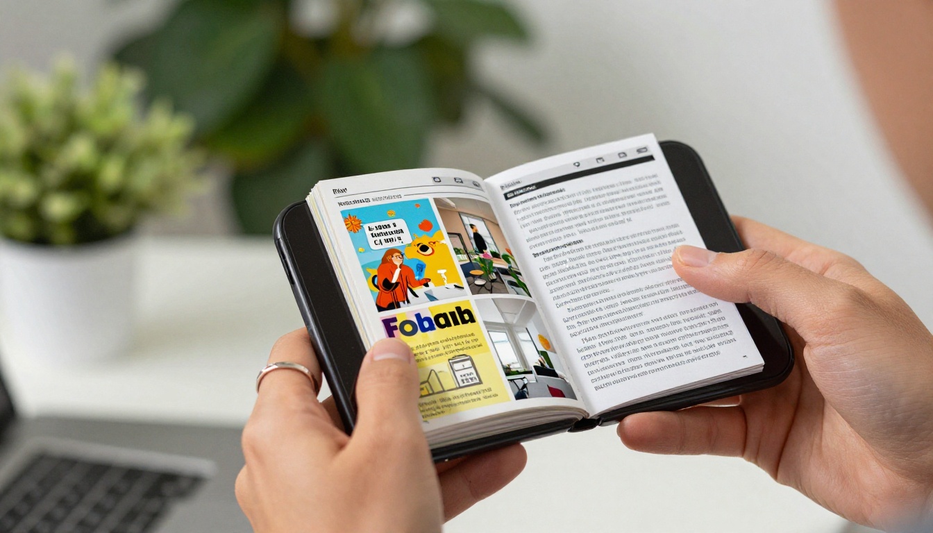Smartphone held in a hand showing a mobile-responsive flipbook in a bright modern office