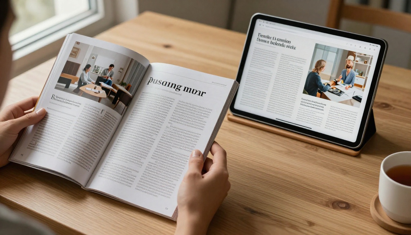 Graphic designer holding printed magazine comparing it with a digital flipbook on iPad Pro Graphic designer holding printed magazine comparing it with a digital flipbook on iPad Pro